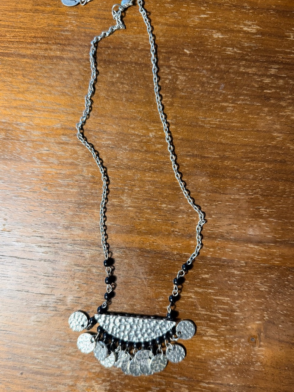 ZAD Silver-Tone Hammered Coin Fringe Necklace with Black Beads